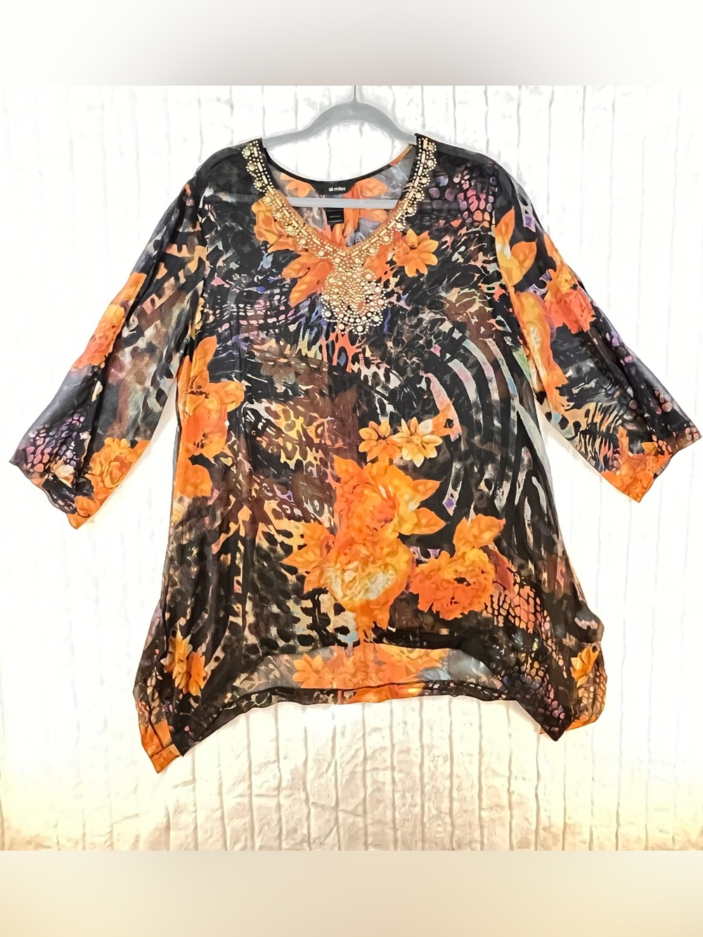 Ali Miles Embellished Sheer Tunic Top XL Orange Floral Animal Print Artsy Boho
